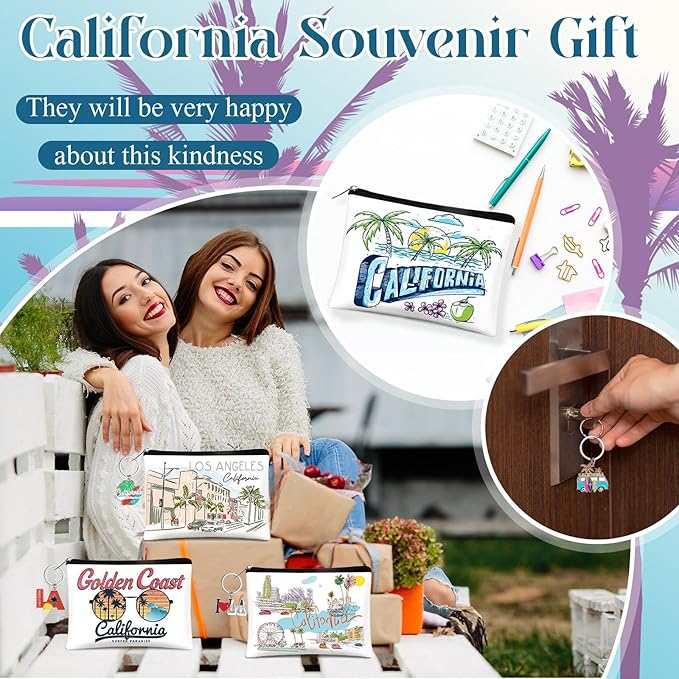 Landical 6 Sets California Souvenir Gifts Include 6 Pcs California Cosmetic Bag and 6 Pcs Metal Keychain for Women Traveler Christmas Party Gifts