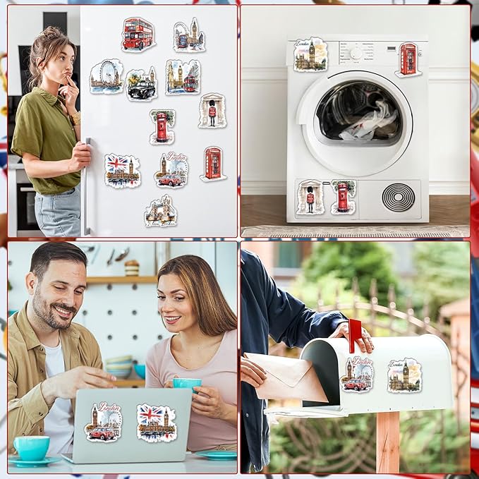London Fridge Magnets Set - 12Pcs London Travel Souvenirs United Kingdom Refrigerator Magnet Tower Bridge British Deck Bus Fridge Magnetic Stickers for Home Office Kitchen Traveler Tourist Gift
