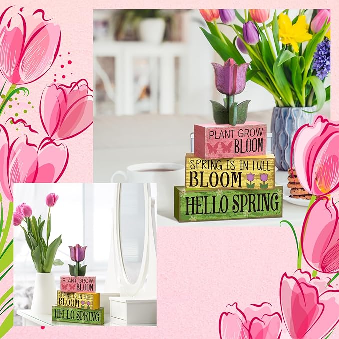 4 Pcs Spring Table Decorations Tulip Flower Wooden Signs Spring Tiered Tray Decor Wooden Tulip Block Signs Pastel Flower Table Centerpieces Decor for Home Kitchen Shelf Office