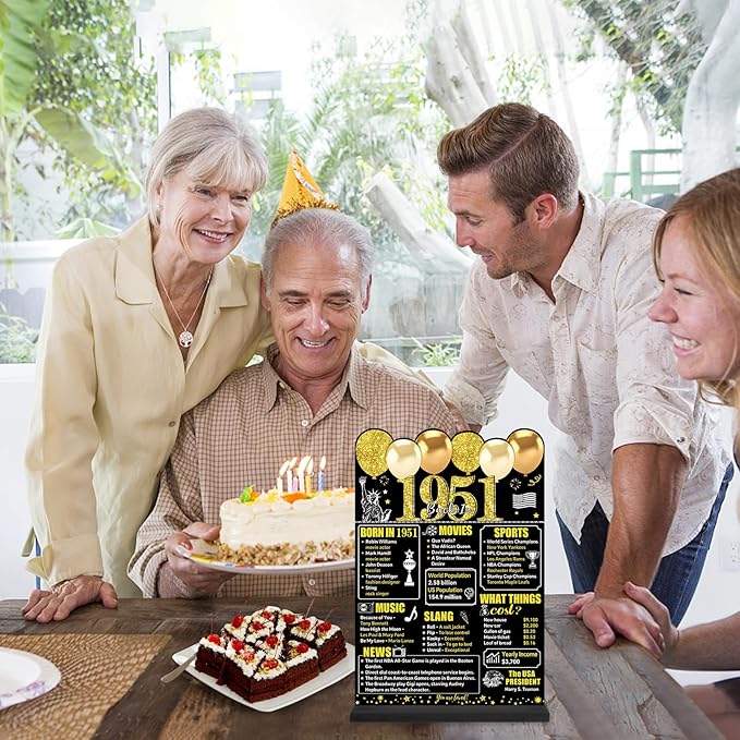 Black Gold 75th Birthday Decorations for Men Women, Two-Sided Vintage 75 Back in 1951 Theme Poster Wooden Table Sign with Stand, 75 Years Old Bday Centerpieces Holder for Table Decor