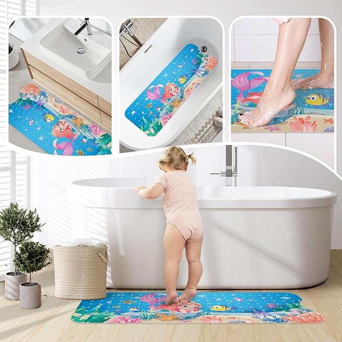SHUCHING Mermaid Bath Mat for Tub Non Slip-40 X 16 Inch, Girl Bathtub Mat Non Slip, Long Toddler Baby Kids Shower Mat for Bathroom
