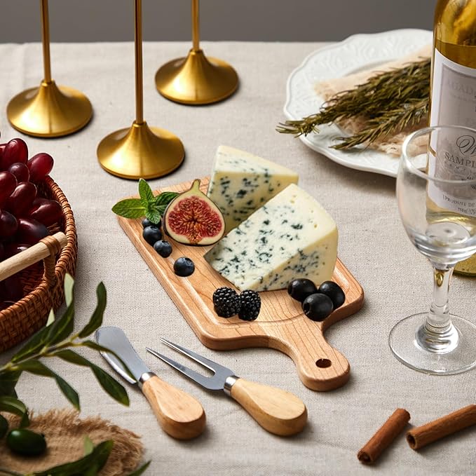 1 Set Bridal Baby Shower Cheese Prizes Wooden Square Board Gift Set Knives Forks Thank You Tags with Box for Guests for Valentines Bridal Baby Shower Housewarming (Cherry Wood)