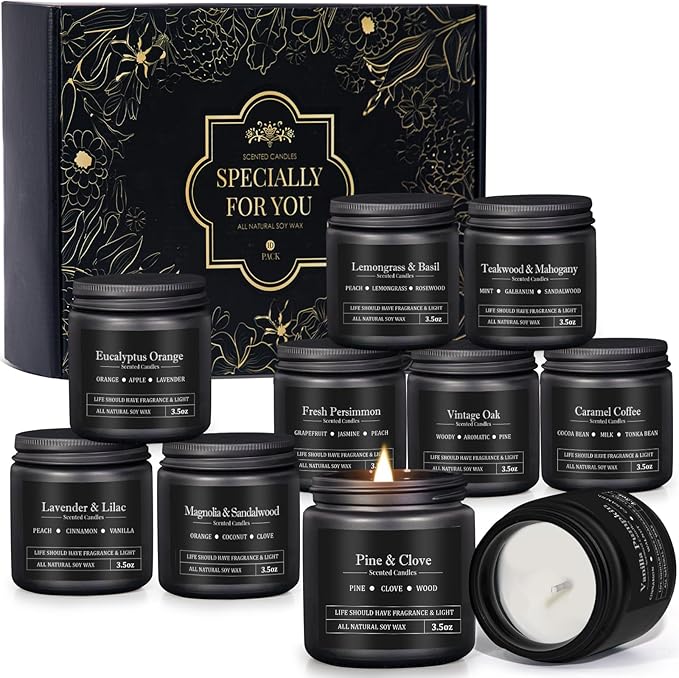 10 Pack Scented Candles for Men, Masculine Candle Gift Set with Woody & Fresh Scents, Soy Wax Aromatherapy Candles for Home, Gifts for Him, Boyfriend, Christmas