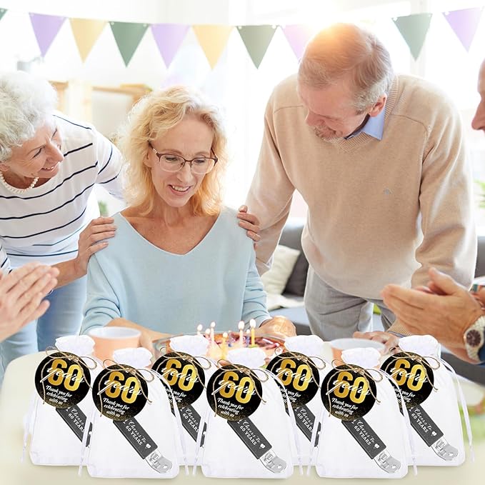 25 Sets 60th Birthday Party Favors for Guests 60th Magnetic Bottle Opener Multifunctional Jar Can Opener Thank You Cards Bag with Twine for Anniversary Party Favors Wedding Shower