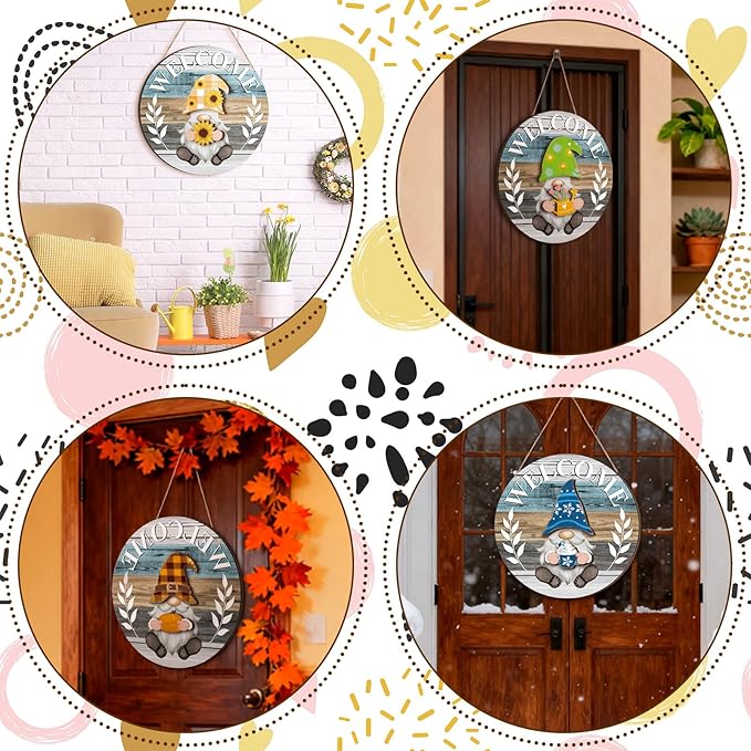 Qunclay Interchangeable Wooden Gnome Decor Holiday Seasonal Gnome Decorations with Magnet Pieces and Detachable Hats Changeable Welcome Sign for Home(Antique Style)