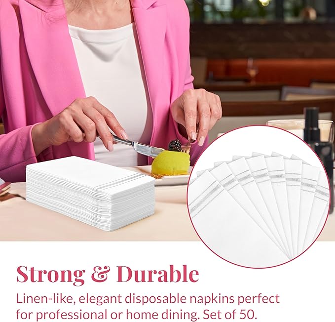Prestee - Linen-Like Paper Hand Towels - Disposable Guest Towels for Bathroom - White with Silver Stripes - 7.8"x4" Folded - 50 Count - Soft and Absorbent Bathroom Napkins - Elegant Metallic Design