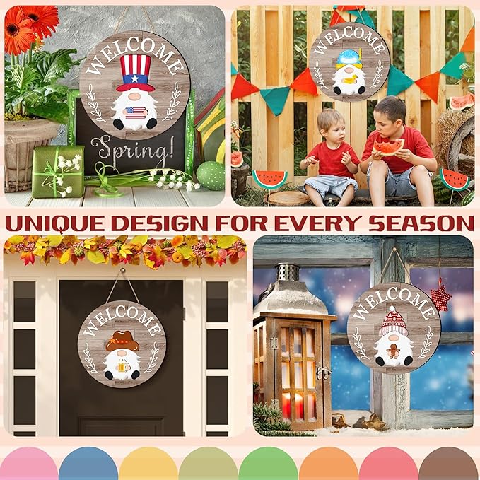 Seasonal Gnome Wall Decor Set, 11.8 inch Autumn Wooden Round Sign with Interchangeable Holiday Hats, Welcome Door Hanging (Grey-3)