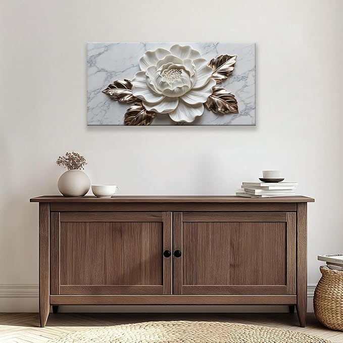 Suconvng Canvas Art Wall Decor Print Paintings Marble Texture White Flower Wall Art Prints Pictures Ready To Hang Pictures For Bedroom Bathroom Office Kitchen Home Wall Decor Artwork 20" × 40"