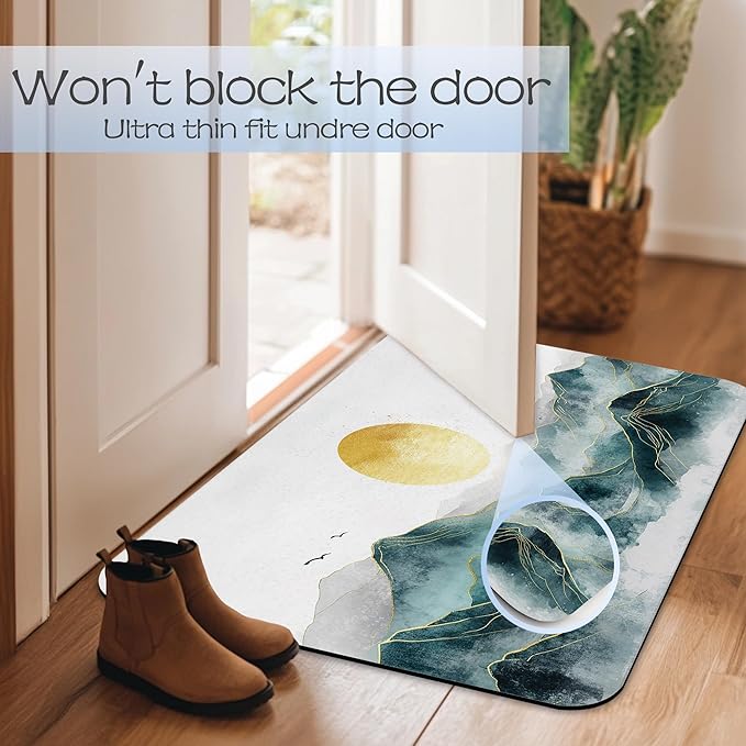 Mountain with Sun Fast Drying Absorbent Bathroom Mat, Non-Slip Rubber Backing Thin Low-Profile Bath Rug, Easy-Clean Bathroom Floor Mat for Shower, Bathtub, Kitchen, or Entryway