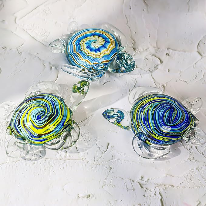 QFkris 6" Hand Blown Glass Sea Turtle Figurine, Crystal Ocean Creatures Statue, Glass Turtle Sculpture for Home Decor, Birthday Present, for Women