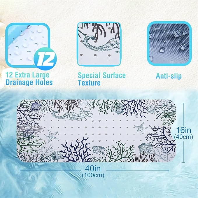 Seahorse Bathtub Mat Non Slip for Kids 40x16in Extra Long Anti Slip Bath Mat for Tub Abstract Bath Shower Mat with Large Drain Holes and Suction Cups Quality Honeycomb Design Bathroom Decor