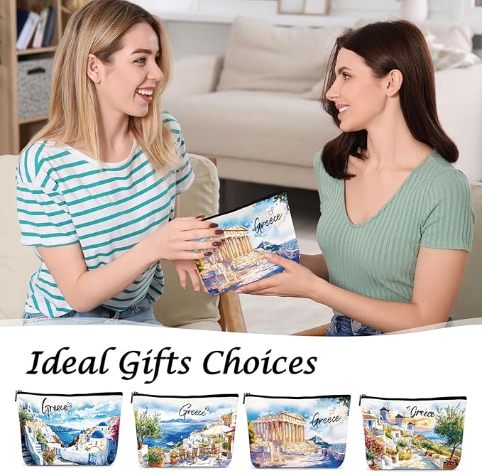 Greece Travel Souvenirs Gifts - 4Pcs Greece Travel Essentials Makeup Bags, Watercolor Greek Vacation Must Have Cosmetic Toiletry Bags with Zipper, Greek Gifts for Travelers Women Girls