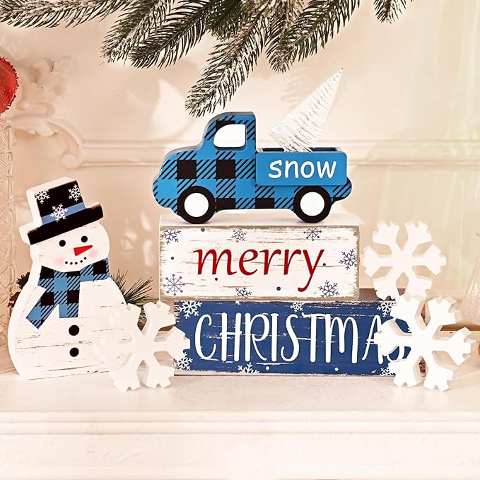 Yinhua Christmas Decorations Indoor, Christmas Table Decor, Blue Truck Snowman Decorations with Xmas Tree & Snowflakes, Farmhouse Wooden Block Sign, Xmas Mantel Decor for Tiered Tray, Desk, Bookshelf