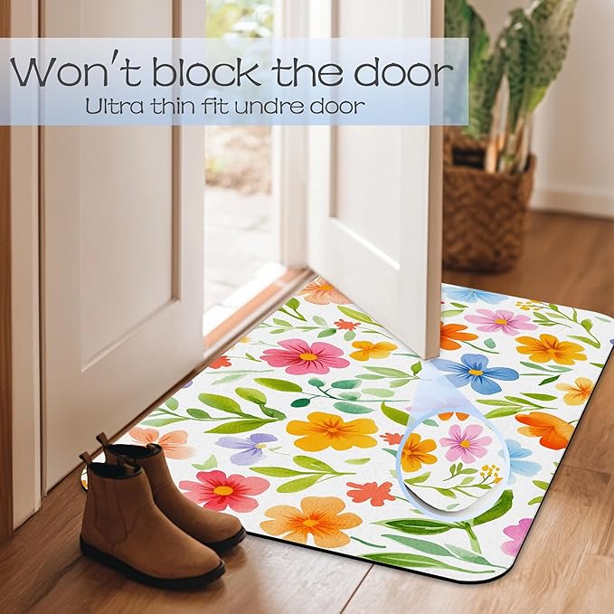Retro Funky Floral Fast Drying Absorbent Bathroom Mat, Non-Slip Rubber Backing Thin Low-Profile Bath Rug, Easy-Clean Bathroom Floor Mat for Shower, Bathtub, Kitchen, or Entryway