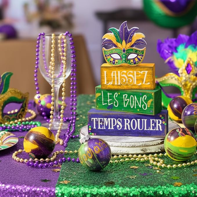 4 Pcs Mardi Gras Wooden Tabletop Decor Tiered Tray Decor Centerpiece Rustic Decorative Block Signs Gift Farmhouse Table Decoration for Home Kitchen