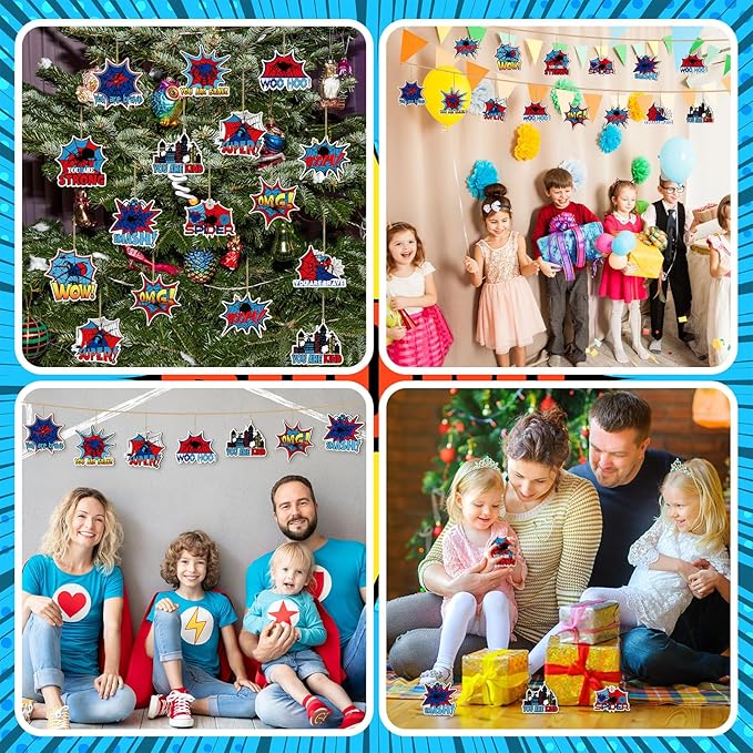 Yookeer 24 Pcs Spider Ornaments Red and Blue Spider Web Wooden Ornaments with Rope Hanging Spiders Decorations Hero Party Decor for Tree Home Wreath Decor