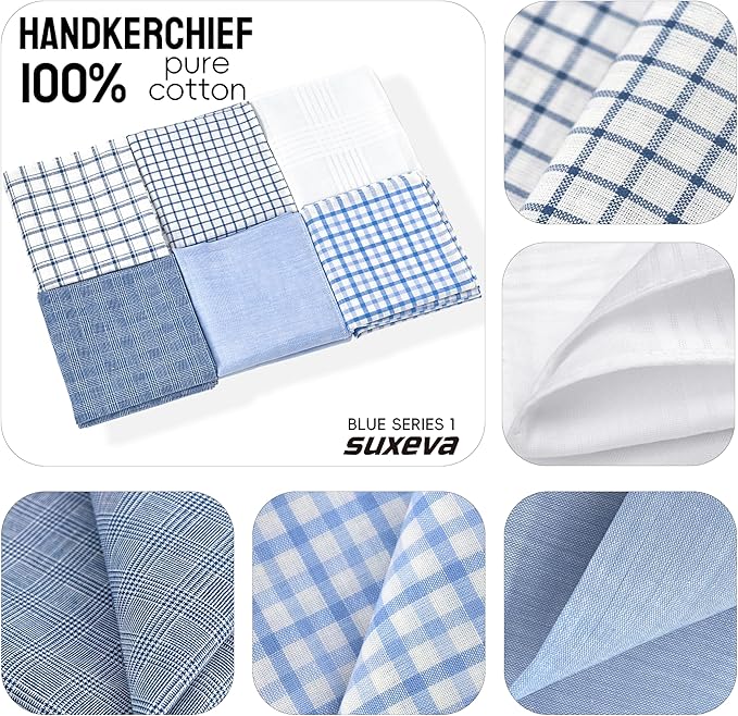 Gifts Cotton Handkerchiefs 100% Soft Cotton 12-Pack White handkerchif and Blue cotton handkerchief for Men and Women