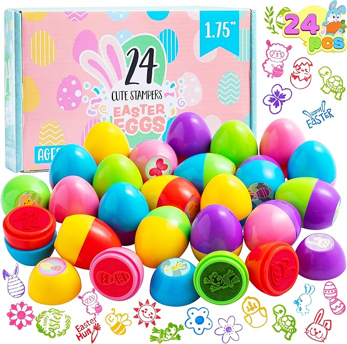 JOYIN 24Pcs Easter Egg Stampers Toys for Easter Eggs Hunt Game, Basket Stuffers Fillers, Kids Party Favor, Assorted Self-ink Stamp for Classroom Exchange and Prize Supplies Gifts