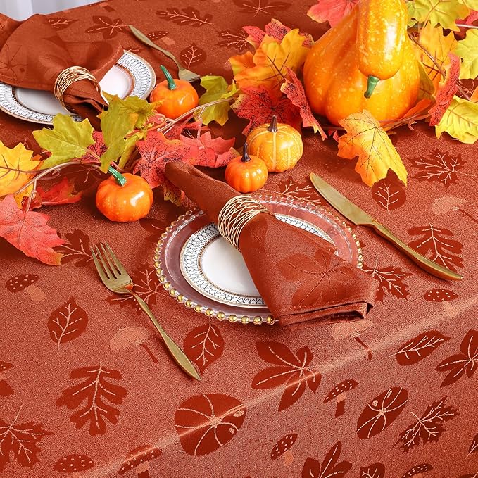 misaya Rectangle Thanksgiving Tablecloth, Waterproof Jacquard Fall Table Cloth, Damask Cloth Table Cover for Harvest Decor (52" x 70", Rust Leaves Pattern)
