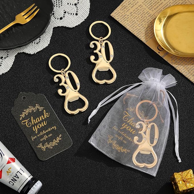 24 pcs 30th Gold Keychain Bottle Opener 30 Birthday Party Favors for Guests,30th Beer Bottle Opener Favors Bulk for Birthday Anniversary Souvenirs Party Decor Supplies (Gold 30th)