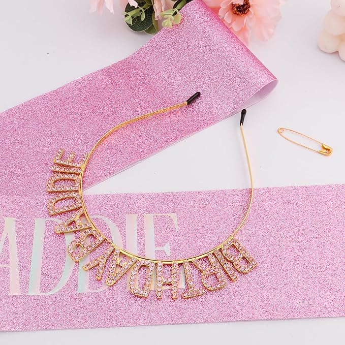 Canitor Birthday Baddie Sash Crown Set Birthday Gifts Party Favors Supplies Decorations & Accessories for Women Girl Adult Outfits Rhinestone Tiara Headband Soft Satin Sash