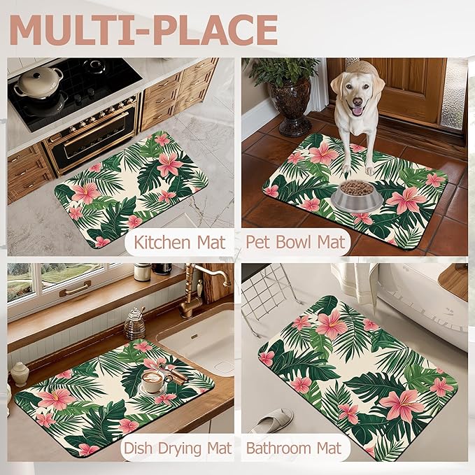 Tropical Leaves Bath Mat,Pink Flower Diatomaceous Earth Bath Mat,Rubber Backing Quick Dry Absorbent Washable Bathroom Rugs for Tub Non Slip 17"x29.5"