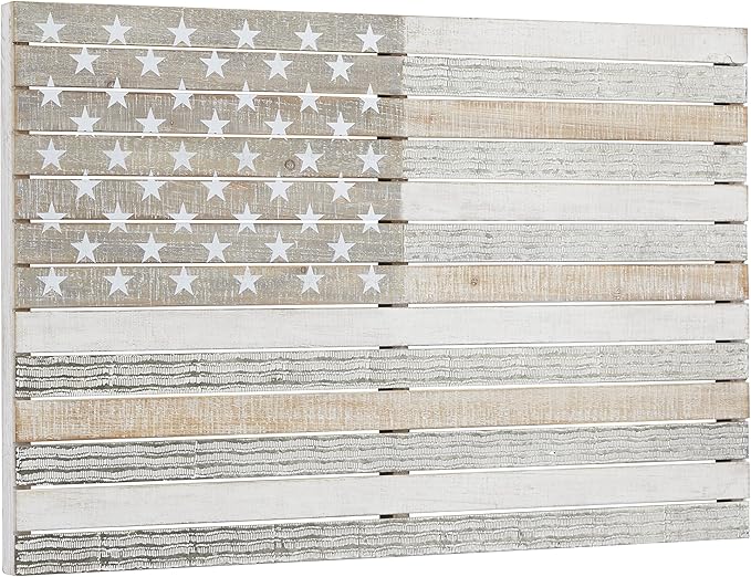 Deco 79 Wood American Flag Home Wall Decor Wall Sculpture, Wall Art 38" x 2" x 26", White