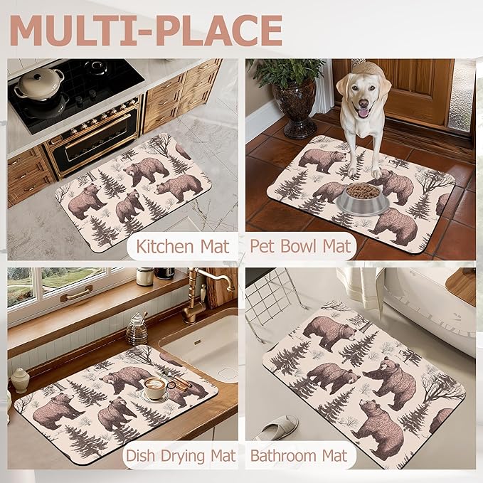 Retro Bear Bathroom Rugs,Bath Mats for Bathroom,Forest Printed Low Pile Absorbent Bath Mat,Rubber Backing Non Slip Washable Thin Quick Dry Door Mat 17x29.5 Inch