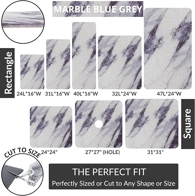 Enkosi Loofah Shower Mat Non Slip – Square Anti Slip Bath Mat for Inside Showers, Bathtub, Tub, Bathroom - Cushioned, Quick Dry PVC with Drain Holes - Secure Grip Safety Pad (Marble Grey Blue 24x24)
