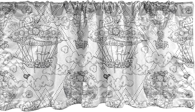 Ambesonne Retro Window Valance, Vintage Hot Air Balloon Aircraft with Industrial Mechanics System on Sky Sketch, Curtain Valance for Kitchen Bedroom Decor with Rod Pocket, 42" x 18", Dark Taupe Grey