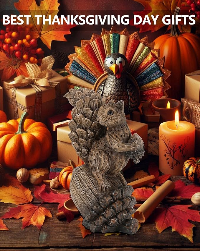 Handcrafted Resin Squirrel Figurine on Pinecone - 8'' Woodland Animals Statue for Fall Winter Spring Summer Christmas Decor (Squirrel)
