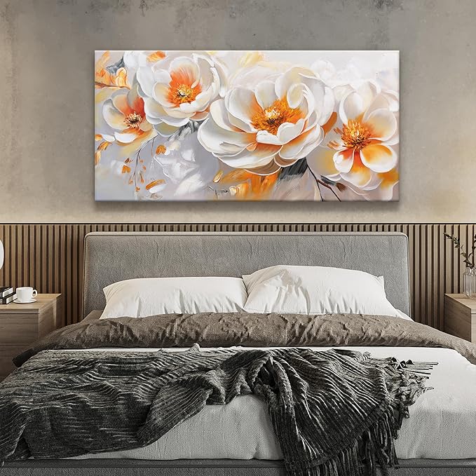 Suconvng Canvas Art Wall Decor Floral Wall Art For Living Room Modern Canvas Painting Prints Pictures Orange White Flower Wall Art Picture For Bedroom Hotel Home Wall Decor 24 X 48 Inch