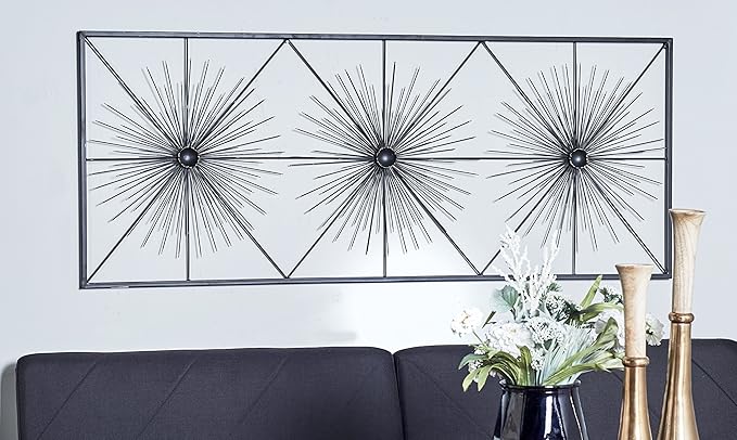 Deco 79 Metal Starburst Home Wall Decor Sea Urchin Wall Sculpture with Black Frame, Wall Art 59" x 3" x 24", Black