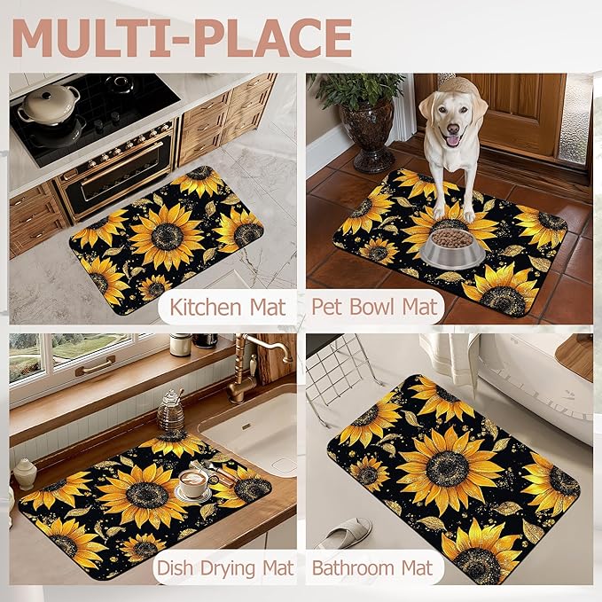 Glittering Sunflowers Bath Mat,Diatomaceous Earth Bath Mat,Rubber Backing Quick Dry Absorbent Washable Bathroom Rugs for Tub Non Slip 17"x29.5"