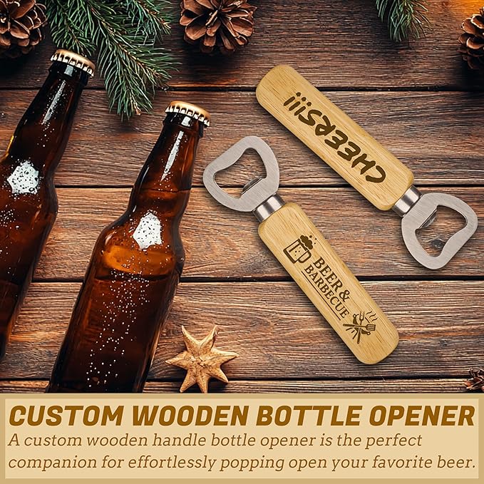 20-100PCS Custom Wood Bottle Openers – Personalized Laser Engraved Logo/Text for Wedding, Bar, Events, Gifts – Bulk Beer Openers with Wooden Handle for Party, Guests, Brewery, Promotions