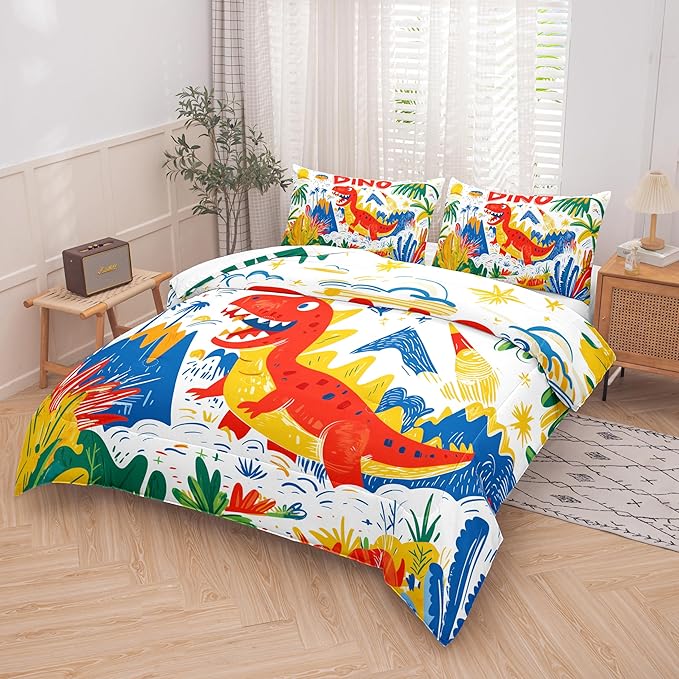 Helloosun 5PCS Dinosaur Comforter Sets Twin,Cartoon Dinosaur Bedding Sets for Kids,Colourful Toddler Comforter Twin