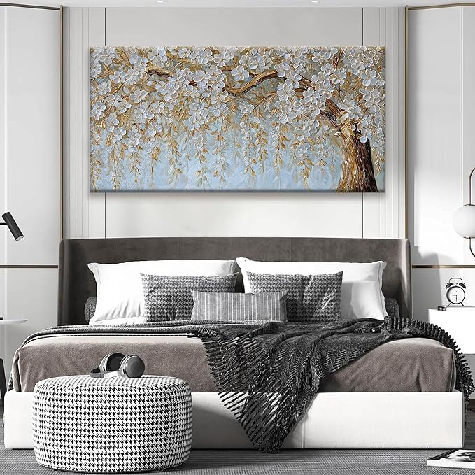Suconvng Large Wall Art For Living Room Home Wall Decor Modern Canvas Art Wall Decor 29 X 58 Inches Elegant Flower White Wall Art Picture For Bedroom Office Artwork