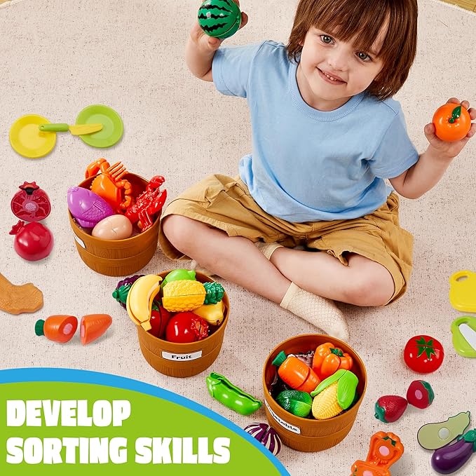 JOYIN Learning Toys Play Food Set for Toddlers, Cutting Food for Preschool Activities, Play Kitchen Accessories, Educational Toys, Color Sorting Set for Boys & Girls, Gifts for Christmas