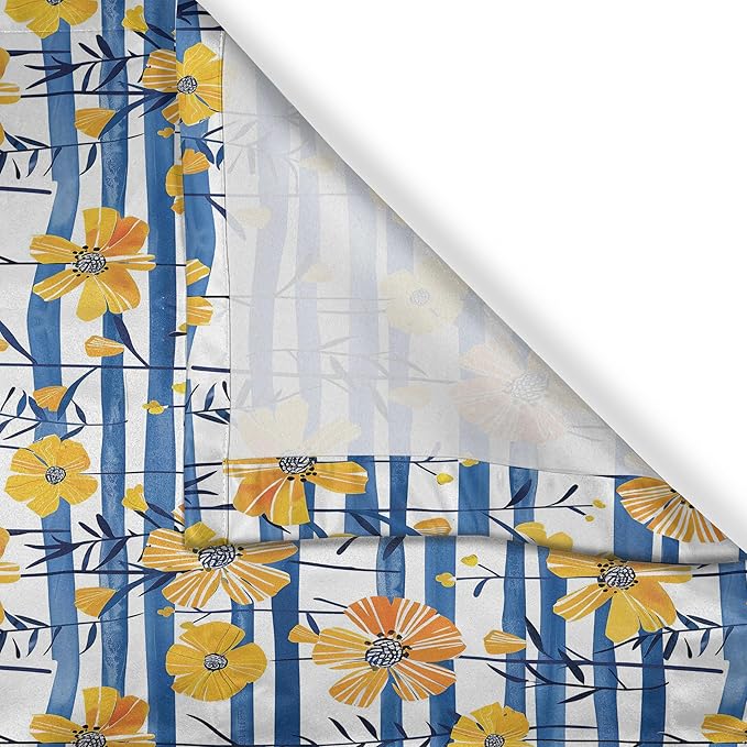Ambesonne Floral Long Kitchen Curtains, Whimsical Flowers with Horizontal Brushstroke Stripes Maritime Print, 2 Panel Set Drapes with Rod Pocket Room Decor, 55" x 45", Mustard Cobalt Blue White