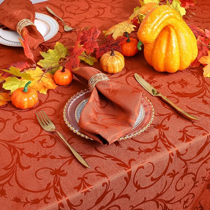 misaya Rectangle Thanksgiving Tablecloth, Waterproof Jacquard Fall Table Cloth, Damask Cloth Table Cover for Harvest Decor (52" x 70", Rust Vine Pattern)