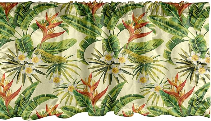 Ambesonne Tropical Window Valance, Exotic Plumeria Flowers and Palm Tree Leaves on Cream Background Hawaiian Flora, Curtain Valance for Kitchen Bedroom Decor with Rod Pocket, 42" x 18", Orange Green