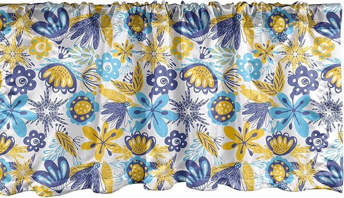 Ambesonne Floral Window Valance, Abstract Flowers Chrysanthemum Design and Tender Butterflies, Curtain Valance for Kitchen Bedroom Decor with Rod Pocket, 54" X 12", Earth Yellow Blue