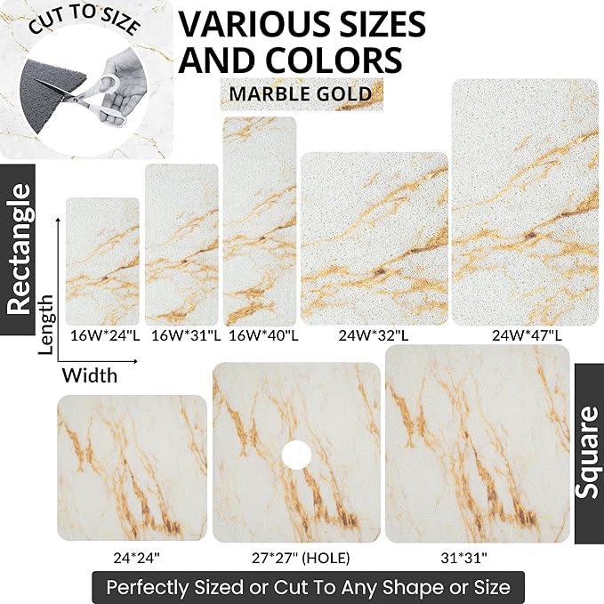 Enkosi Loofah Non-Slip Shower Mat - Shower Floors, Bathtub, Bathrooms, Wet Areas - Cushioned Bath Mat with Drain Holes - Quick Dry PVC, Secure Safety Pad Without Suction Cups (32x24 Marble Gold)