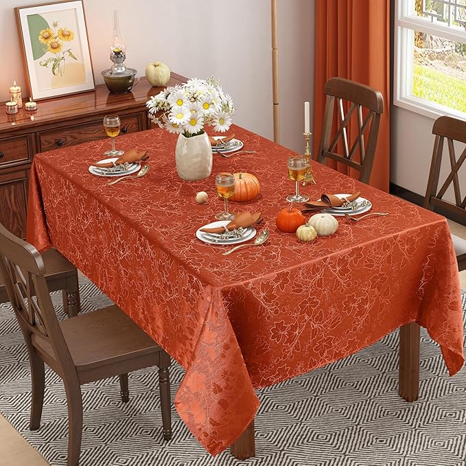 misaya Rectangle Thanksgiving Tablecloth, Waterproof Jacquard Fall Table Cloth, Damask Cloth Table Cover for Harvest Decor (52" x 70", Rust Maple Leaf)
