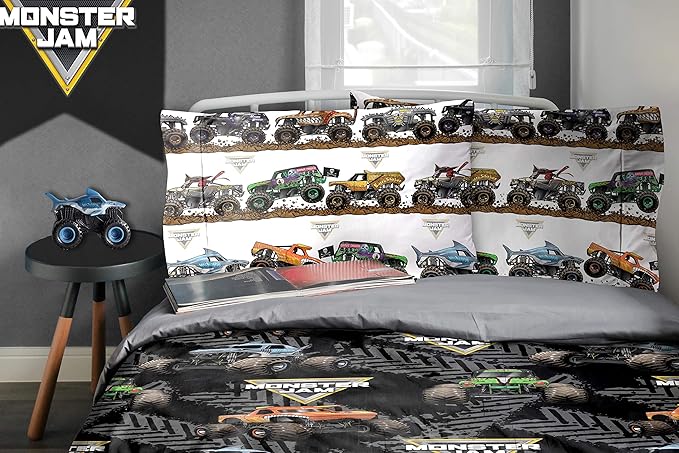 Jay Franco Monster Jam Tracks 5 Piece Full Bed Set - Includes Comforter & Sheet Set - Bedding Features Grave Digger &,Megalodon - Super Soft Fade Resistant Microfiber (Official Monster Jam Product)