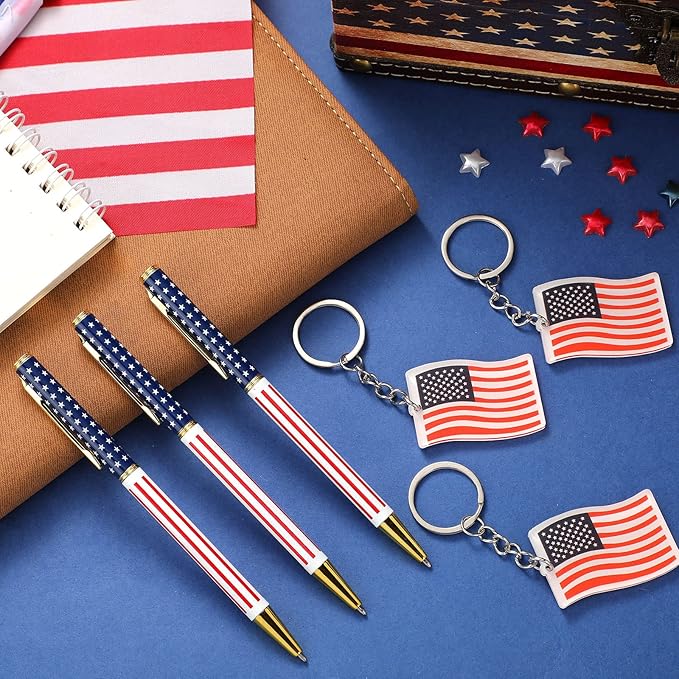 48 Pcs Independence Day Metal Ballpoint Pens American Flag Keychain Set Gold Retractable Pens USA Key Chains Office Patriotic 4th of July Party Favors for Veterans Day(Flag)