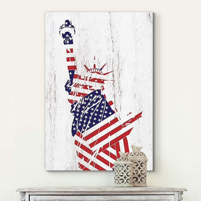 Renditions Gallery Canvas Patriotic Wall Art Paintings & Prints Flag Draped Liberty Statue Rustic Nationalistic Pride Canvas Wall Hanging Artwork for Bedroom Office Kitchen - 30"x40" LT25