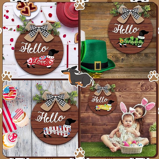 Glenmal 16 Pcs Seasonal Dachshund Door Decor for All Season and Holiday Hanging Cute Christmas Dachshund Welcome Sign Rustic Wooden Farmhouse Front Door Signs Outdoor(Dark Wood Grain)