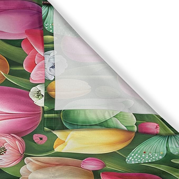 Ambesonne Tulip Flowers Kitchen Curtains, Dreamy Composition of Garden Scenario Butterfly and Dot Details, Window Drapes 2 Panel Set for Kitchen Cafe Decor, 55" x 24", Mint Green and Multicolor