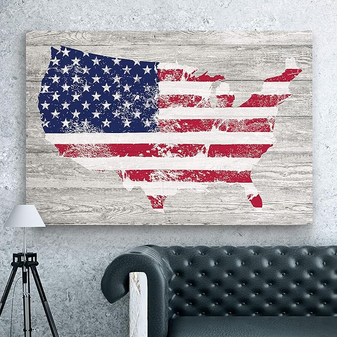 Renditions Gallery Canvas Patriotic Wall Art Home Paintings & Prints Faded Vintage American Flag Rustic Nationalistic Canvas Pride Decorations for Bedroom Office Kitchen - 16"x20" LT25